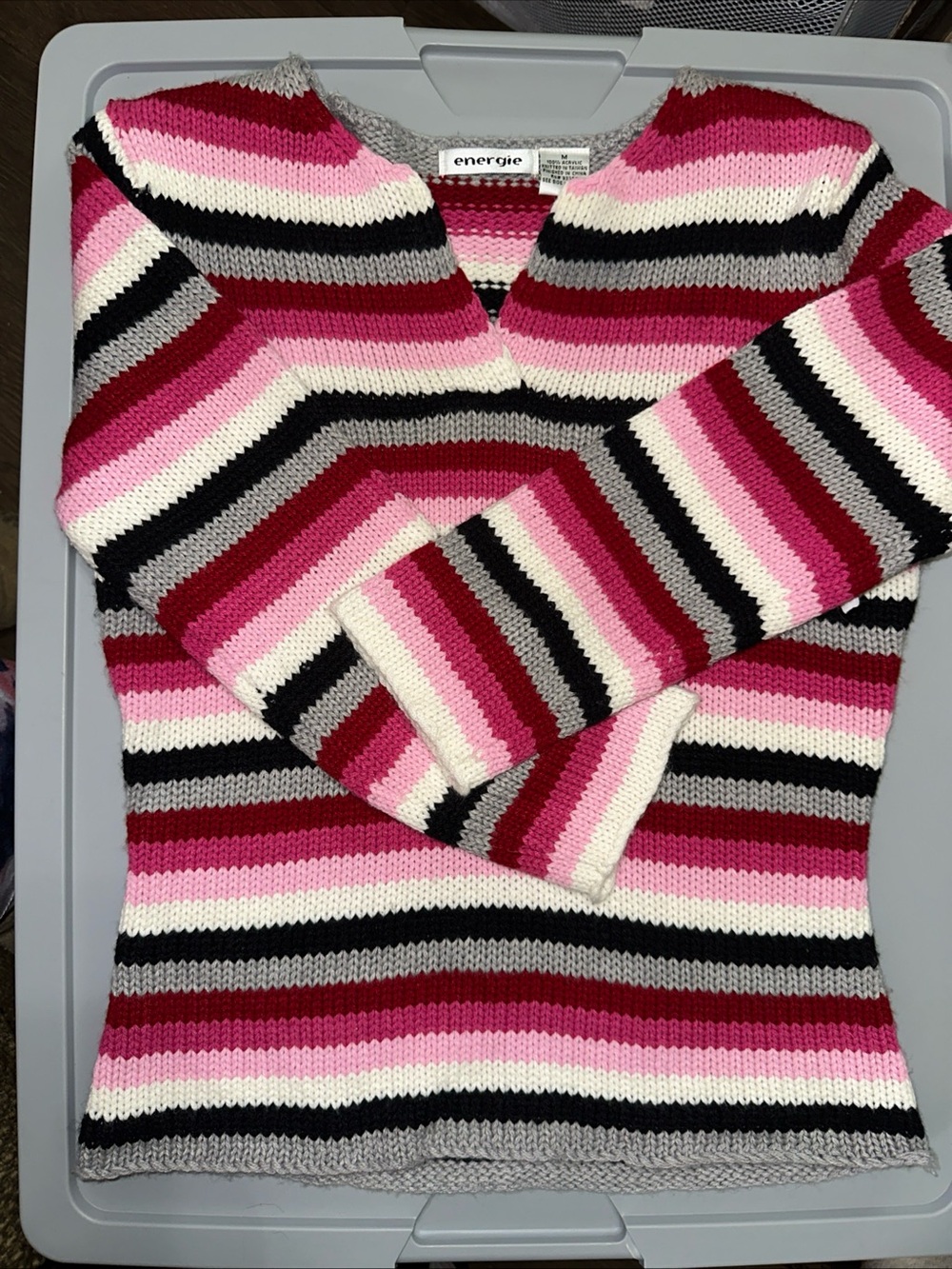 Energie Striped V-Neck Sweater in Pink, White, Black, Gray